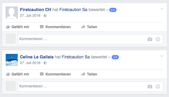 FirstCaution-Kundenbewertungen auf Facebook